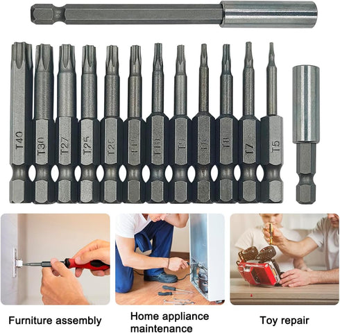 12 Pcs Torx Head Screwdriver Bit Set, 2 Sizes Magnetic Drill Bit Extension Holder, S2 Security Tamper Proof Kit