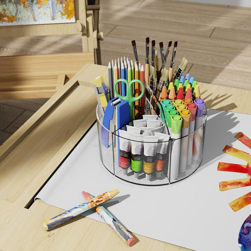 Large Acrylic Pen Holder, 360 Degree Rotating Desk Organizer with 6 Compartments, Office Marker Storage Caddy