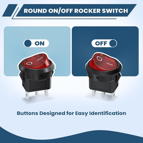 DMTVAL 10Pcs 12V 2 2 6A/250V 10A/125V, Red LED Round Rocker Switch Kit, Pin Position SPST ON/Off Toggle with Pre-Wired