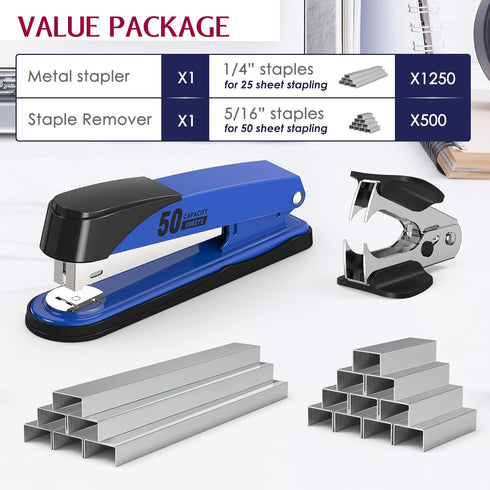 Metal Stapler Heavy Duty 50 Sheet Capacity with 1750 Staples and Staple Remover, Blue Stapler Full Strip Staplers for Desk, No Jam, Non-slip Office Stapler with Staples for Office & Classroom, Blue by Swihauk