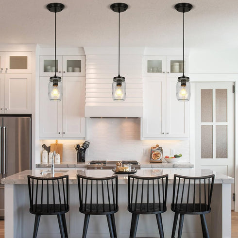 1-Light Glass Pendant Lights Kitchen Island, Black Pendant Light Fixtures with Mason Jar Clear Glass Shade, Farmhouse