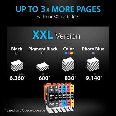 Smart Ink Compatible Ink Cartridge Replacement for Canon PGI-280XXL CLI-281XXL, 6 Combo Pack for Pixma TS9120 TS8320