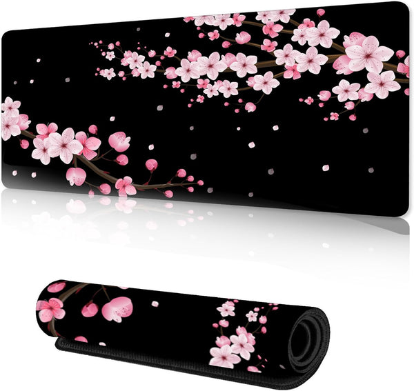 Gaming Mouse Pad with Stitched Edges, Sakura Cherry Blossoms Extended XL Desk Mat with Anti-Slip Base, 35''×15.7''