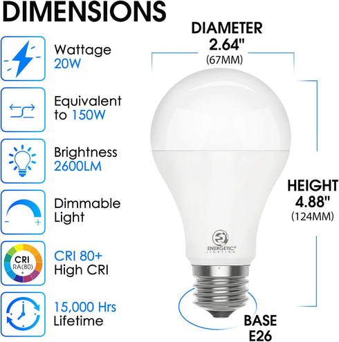 E ENERGETIC LIGHTING 4 Pack Dimmable A21 LED Bulb, 150 Watt Equivalent, Daylight 5000K, 2600LM Super Bright Light Bulbs, E26 Standard Base, Damp Rated, UL Listed by E ENERGETIC LIGHTING