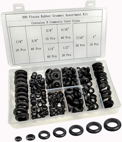 200Pcs Rubber Grommet Assortment Kit, 8 Sizes for Wiring Automotive, Plumbing, Hardware Repair Firewall
