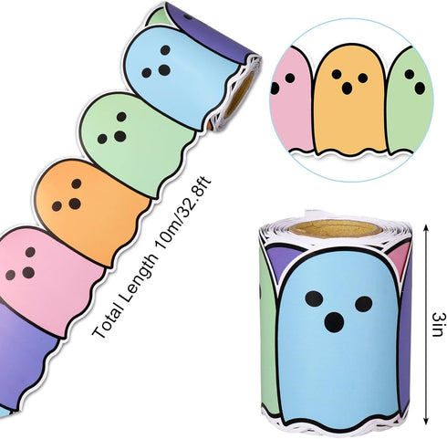 Whaline 32.8Ft Halloween Bulletin Board Border - Pastel Color Ghost Die Cut Trim Roll for Classroom