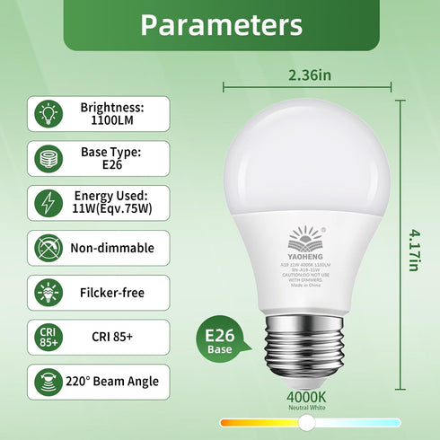 A19 LED Light Bulb, 75W Equivalent LED Bulb, 11W 4000K Neutral White, 1100 Lumens, Non-Dimmable Light Bulbs, CRI 85+, No Flicker E26 Base Bulbs for Home Office, 4-Pack by YAOHENG