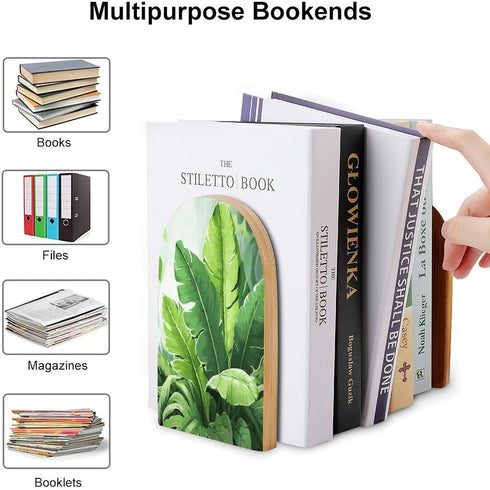 VstaDank Cute Banana Leaves Book Ends for Shelves Decorative Wooden Bookends Non-Skid Metal Book Stopper Large Book
