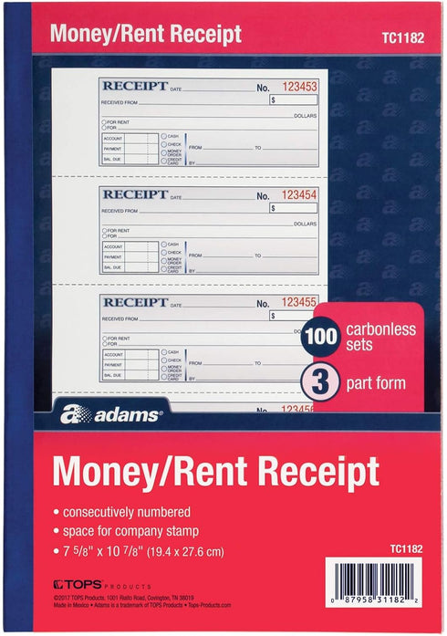 Adams Money and Rent Receipt Book, 3-Part, Carbonless, White/Canary/Pink, 7-5/8" x 10-7/8", Bound
