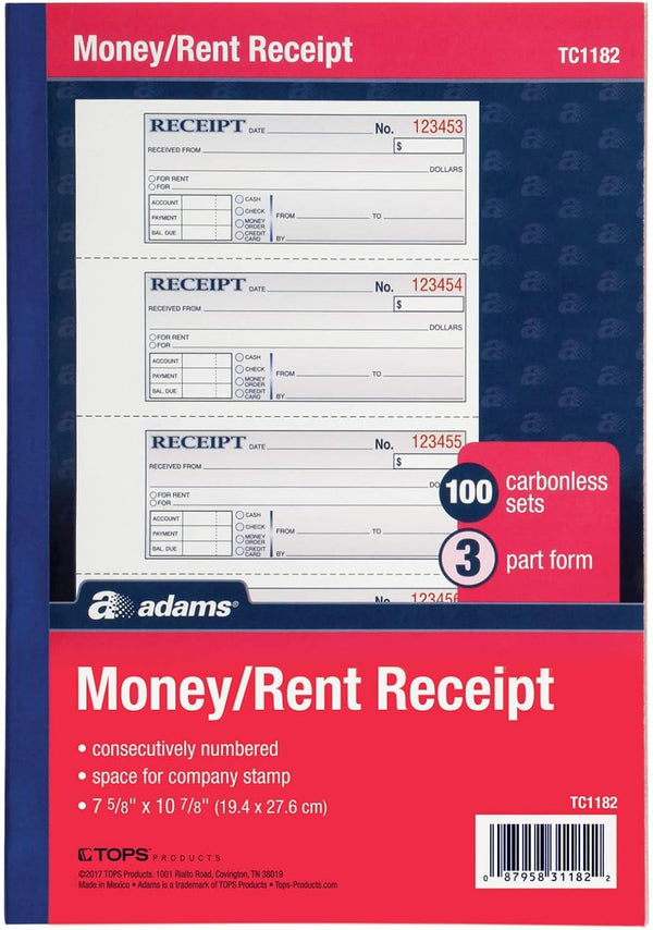 Adams Money and Rent Receipt Book, 3-Part, Carbonless, White/Canary/Pink, 7-5/8" x 10-7/8", Bound