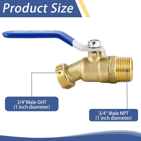 Brass 3/4" Hose Bibb, 3/4" Male NPT x Garden Hose Thread, Lead-Free Compliant, Ideal for Gardens and Patios