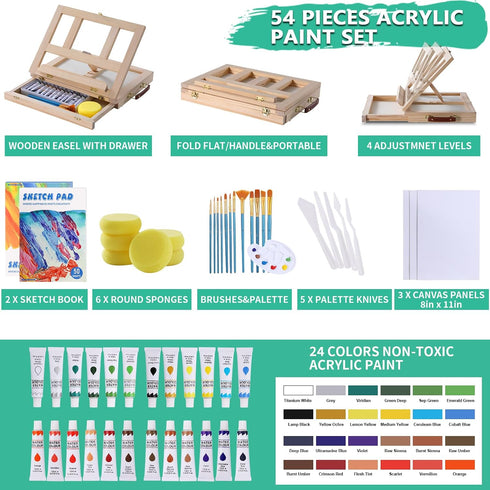 Set 54 Set 24 Wooden Tabletop Art Easel for Painting, Pieces Starter Acrylic Paint with Colors Acrylic Paints