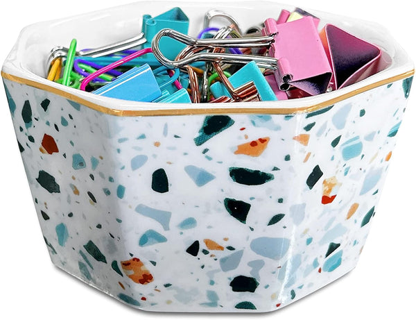 Paper Clip Holder Ceramic, Geometric Paperclips Holders Dispenser, Cute Terrazzo Marble Organizer for Desk