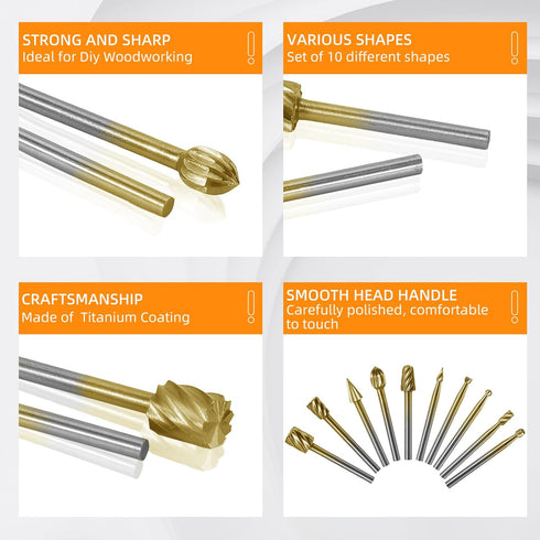 10 PCS Carving Bits HSS Rotary Drill Burr Set, 1/8'' Shank Wood Engraving Router Bit