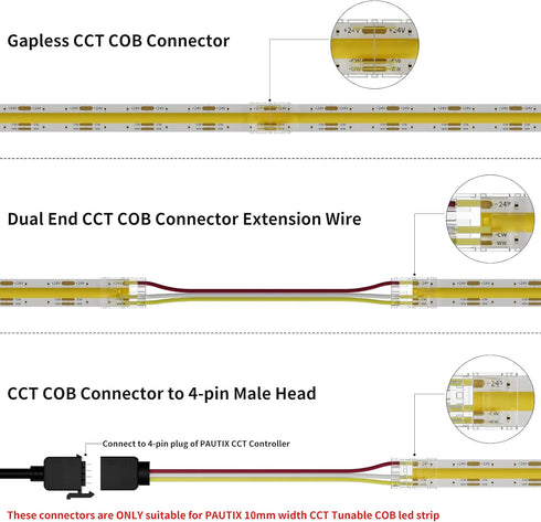 PAUTIX 10mm Connectors for CCT COB LED Strip Light 3 Pin Solderless Terminal Extension Connection Kit,4pcs Dual End Extension Connectors,2pcs Strip to DC Plug Extension Wire,4pcs Gapless Connectors by PAUTIX