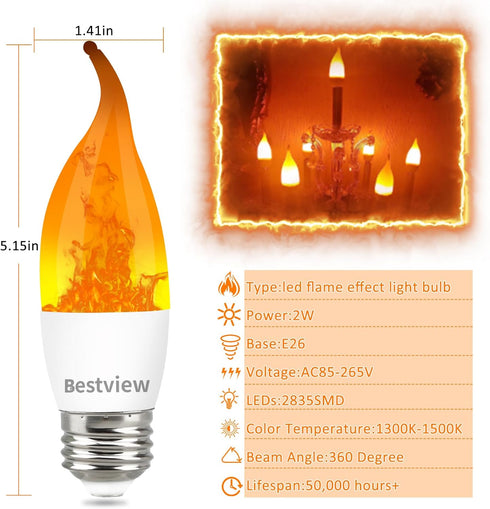 Bulbs,3 E26 Bulb (6 Pack) Bestview LED Flame Effect Light Modes Smart Chandelier Base Flickering Candle Fire Light