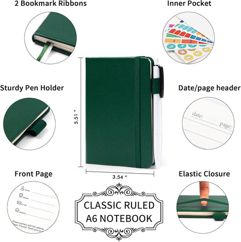 feela 3 Pack Pocket Notebook Journals with 3 Black Pens, A6 Mini Cute Small Journal Notebook Bulk Hardcover College Ruled Notepad with Pen Holder for Office School Supplies, 3.5”x 5.5”, Dark Green by feela