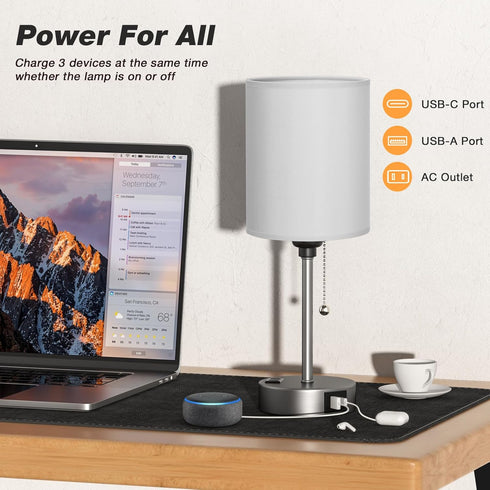3 Dicoool Grey Bedroom Lamp for Nightstand - Color Temperature Table Lamp with USB C and A Ports, Pull Chain Bedside