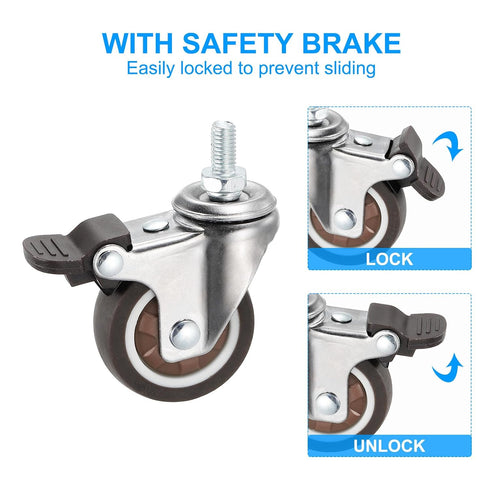 2 Inch 4 Pack 360 M8 15 mm 231 Lbs PATIKIL Stem Casters Wheel with Brake, Low Profile TPR Threaded Swivel Wheel Quiet