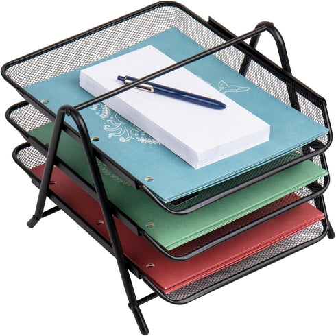 Mind Reader 3-Tier Paper Tray, Set of 2, Desktop Organizer, Metal Mesh File Storage, Black