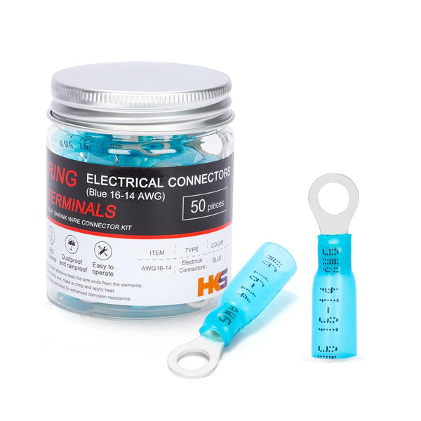 HKS 50 PCS Ring Terminals #10 Blue 16-14 AWG Electrical Connectors, Heat Shrink Wire Connector Kit