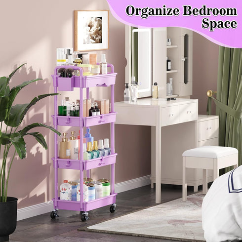 4 SUNALLY Tier Rolling Cart Organizer with Drawer, Bathroom Storage Carts with Wheels & Plastic Shelf, Mobile Storage