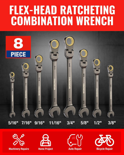 8-piece Set, 5/16-3/4 72-Teeth, WORKPRO Flex-Head Ratcheting Combination Wrench SAE in, CR-V Constructed, Nickel