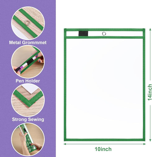 Nezyo 50 Pieces Clear Dry Erase Pockets Reusable Plastic Sleeves Order Folders Teacher Supplies for Classroom (Green)