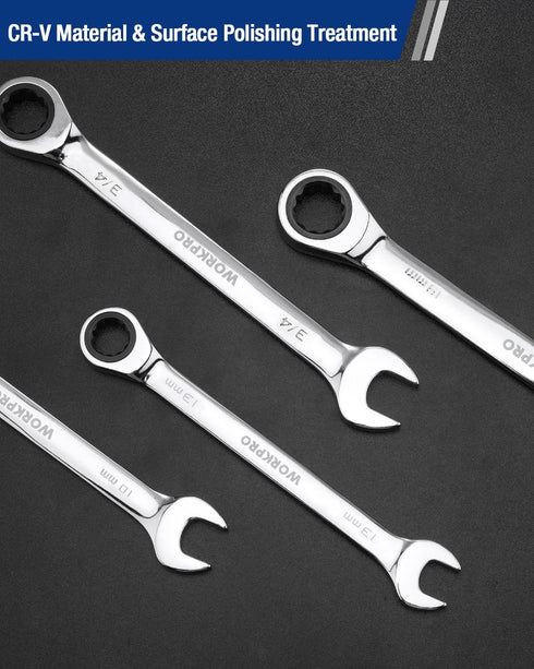 10 mm 12-Point 15-Degree Offset WORKPRO Ratcheting Combination Wrench Metric, CR-V Constructed with Mirror Polish