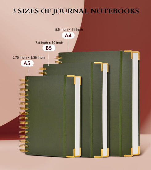 Spiral Notebook Journal 8.5” x 11”, 300 Pages Hardcover Leather Lined for Women Men, Olive Green