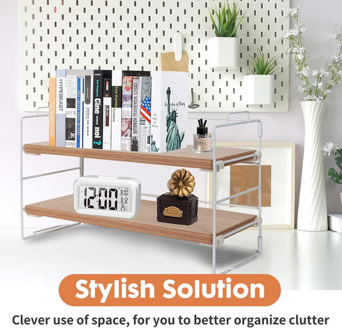 PowerKing 2-Tier Desk Shelf Organizer, Desktop Shelves with Wood Board, Adjustable Bookshelf Storage Rack for Home