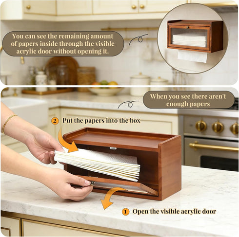 Wall Mount Paper Towel Holder, Wooden Paper Towel Dispenser for C-Fold Z-Fold Trifold Towel, Brown Bathroom Paper Towel