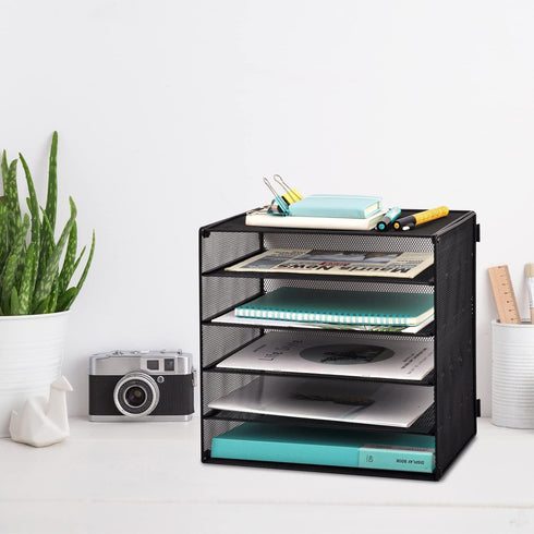 EASEPRES 5 Slot Mesh Desk Organizer Tray, File Paper Letter Folder Holder Desktop Paper Sorter Mail Organization Rack Storage Accessories, for Office Home School Classroom, Black by EASEPRES