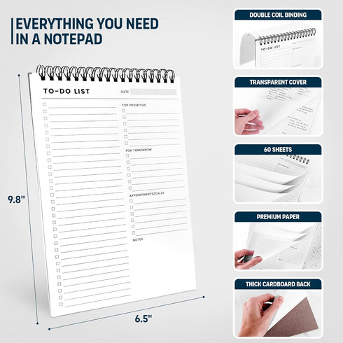 To Do List Notepad, 6.5 x 9.8" 60 Sheets, Spiral Daily Planner Notebook for Work, Task Checklist Organizer Agenda Pad