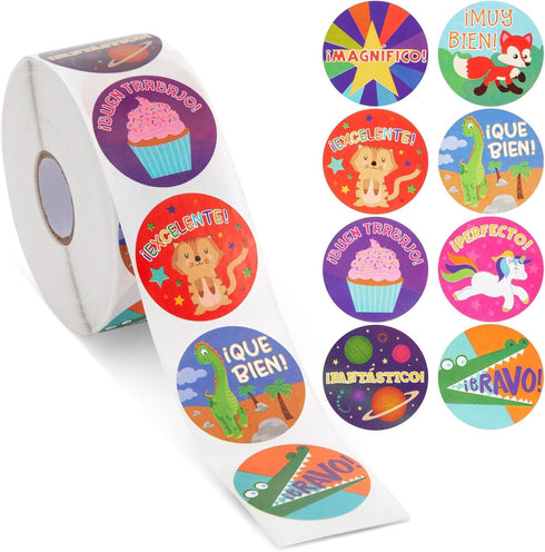 BLUE PANDA 1000 Pack Spanish Motivational Stickers for Classroom - Bulk Reward Stickers for Kids, 8 Assorted Designs