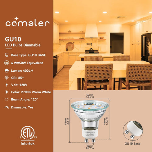 comzler GU10 LED Bulb Dimmable, 50W Halogen Equivalent 2700K Soft White GU10 Replacement, Pack of 6