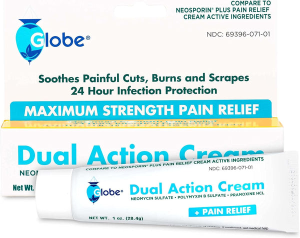 Globe First Aid Antibiotic Cream with Neomycin, Polymyxin B, Pramoxine, 24 Hour Infection Protection (1 Tube)