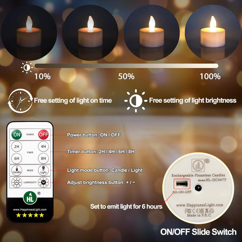 6pcs 50+Hours HL Rechargeable Battery Candles with Remote Timer, Rechargeable Tea Lights Candle, LED Votive Tea Lights