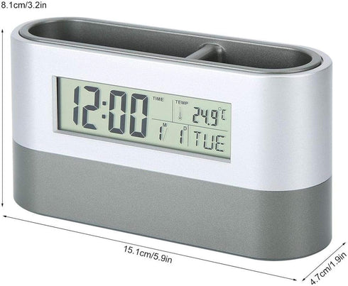 Electronic Pencil Cup, Backlight Calendar Snooze Pen Holder with Digital Screen Alarm for Home Office