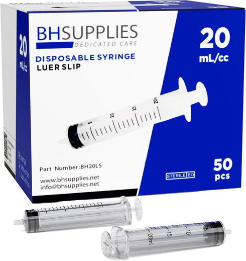 BH Supplies 20ml Luer Slip Tip Syringes (No Needle), Sterile Individually Wrapped - 50 Syringes