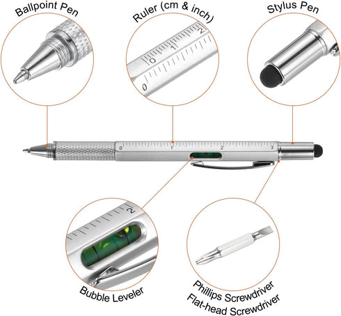 MECCANIXITY 4pcs 6 in 1 Multitool Tech Tool Pen Gifts for Men with Ballpoint Pen, Ruler, Screwdriver, Stylus, Refills
