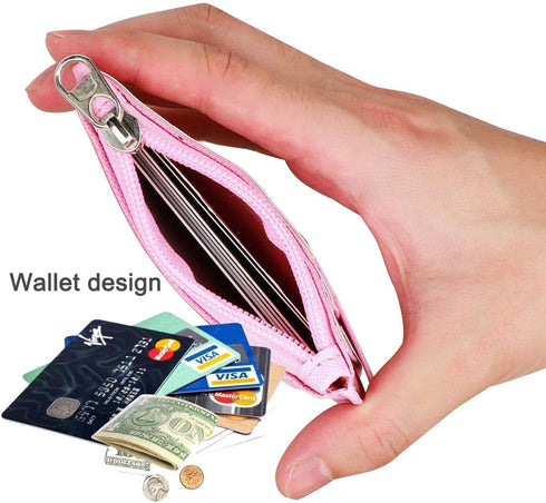 HASFINE ID Badge Holder with Lanyard, 2 Sided 5 Card Slots Wallet with PU Leather Zipper Pocket, Pink