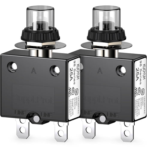 DIYhz Thermal Circuit Breaker 25 Amp Push Button Manual Reset 32V DC 125/250VAC 50/60Hz, 2Pcs with Waterproof Cap