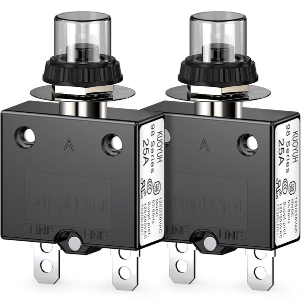 DIYhz Thermal Circuit Breaker 25 Amp Push Button Manual Reset 32V DC 125/250VAC 50/60Hz, 2Pcs with Waterproof Cap