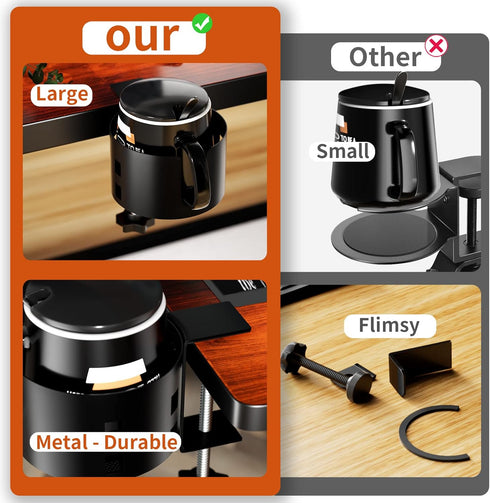 OOKUU Upgraded Large Desk Cup Holder Clamp, Anti-Spill Metal Office & PC Gaming Accessories, Compatible with Universal