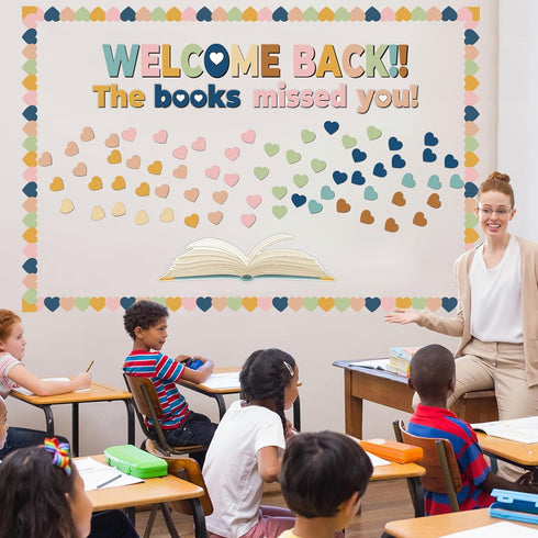 Chunnin Heart Reading Bulletin Board Decorations Set Boho Heart Border Cutout for Welcome Back to School Decor