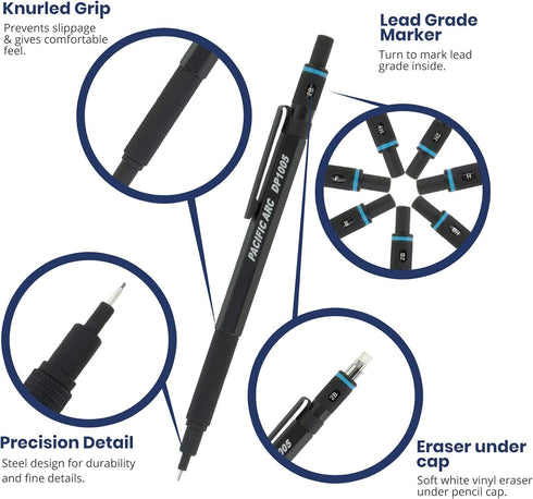 Pacific Arc Chromagraph Metal Mechanical Pencil, 0.5mm Black Barrel for Drafting and Sketching