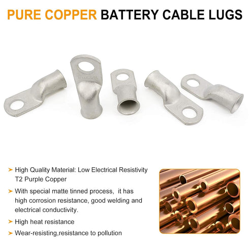 68pcs Battery Cable Ends, 1/0 AWG 1 AWG 8 AWG Tinned Copper Lugs, Heavy Duty Wire Ends with Heat Shrink Tube