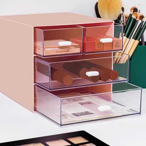 Desk Organizer with 4 Drawers, Plastic Storage Box for Office, School, Home, Dressing Table, and Desktop (Pink)