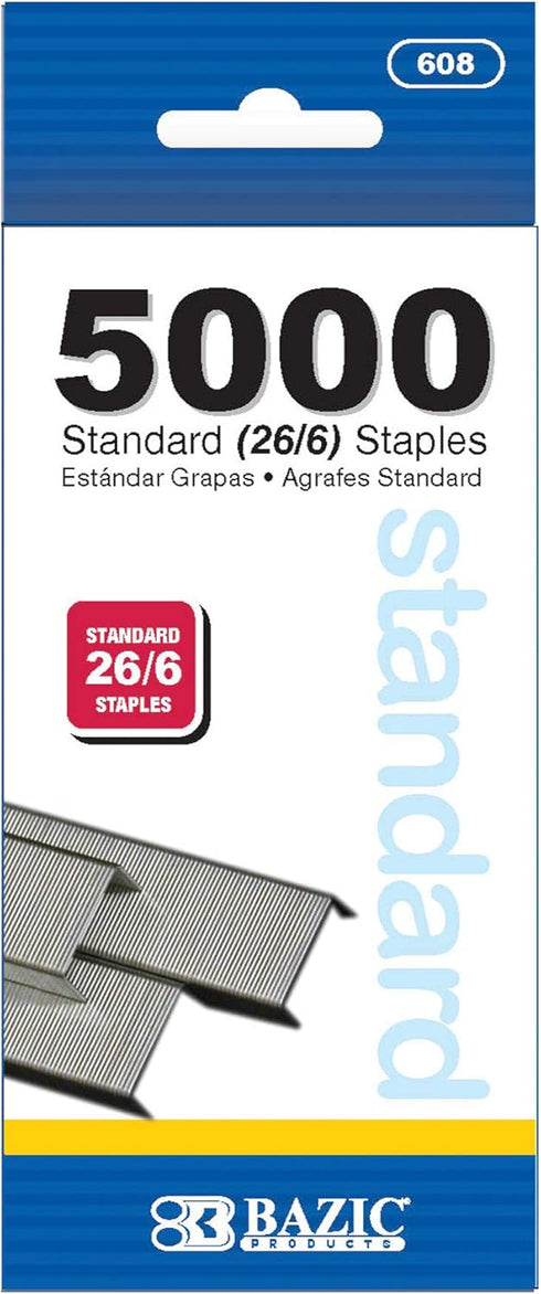 BAZIC Standard Staples (26/6), 5000/Pack, Silver Color, Stapler Refill, 1-Pack